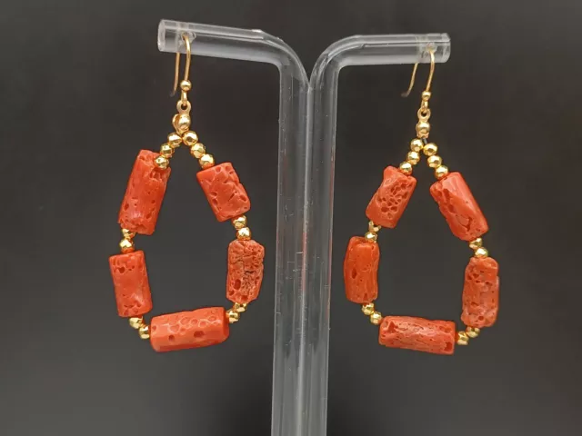 Pendientes Mujer Círculo Real Coral Rojo De Cerdeña Plata 925 Chapado en Oro