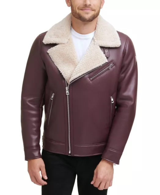 GUESS Mens Asymmetrical Faux Leather Jacket Large Burgundy