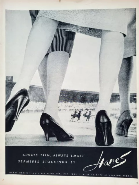 1956 HANES SEAMLESS STOCKINGS Pantyhose - Womens Legs at Horse Race = Print AD