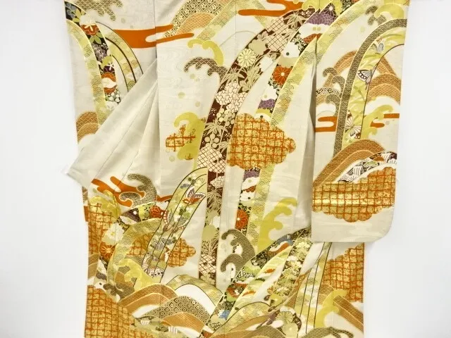 83018# Japanese Kimono / Antique Furisode / Embroidery / Rough Wave & Kiku