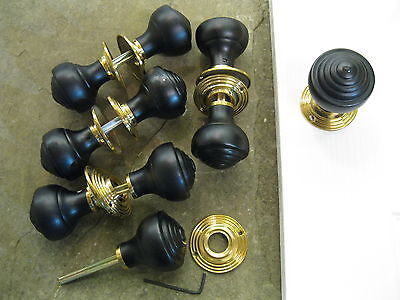 Pair of Victorian Edwardian Reproduction Ebonized Reeded Door Knobs & Roses RES3