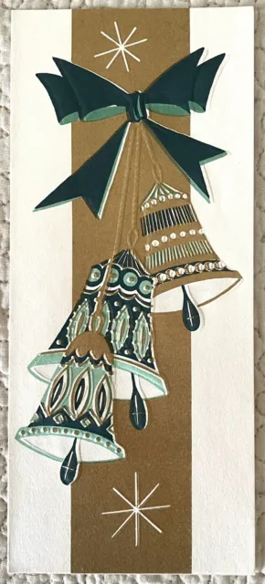 Unused Christmas Gold Green Bells Starburst MCM Vintage Greeting Card 1960s