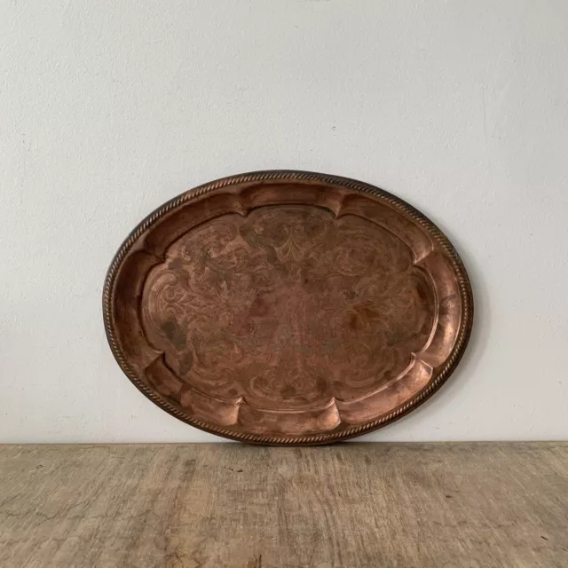 Vintage Copper Joseph Sankey Ornate Foliage Etched Scalloped Edge Serving Tray