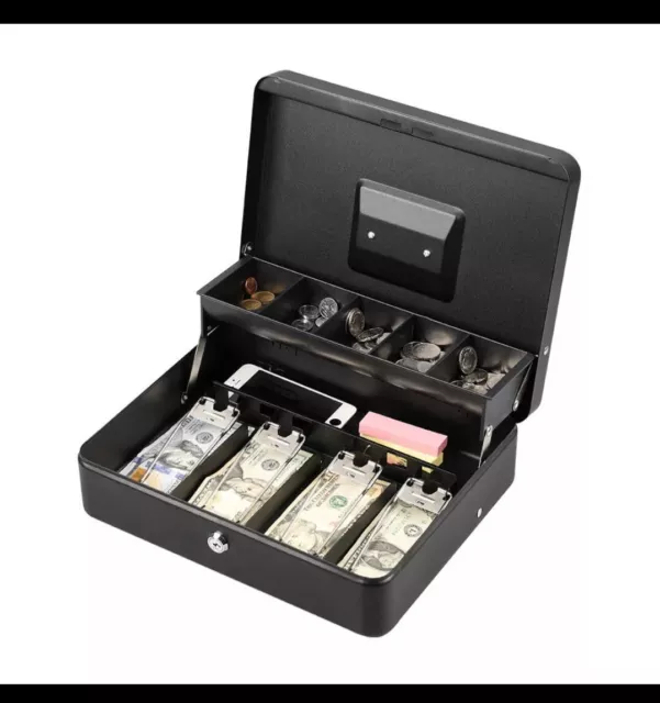 Cash Box with Lock Key and Money Tray Large Money Box for Cash Metal Lock Box