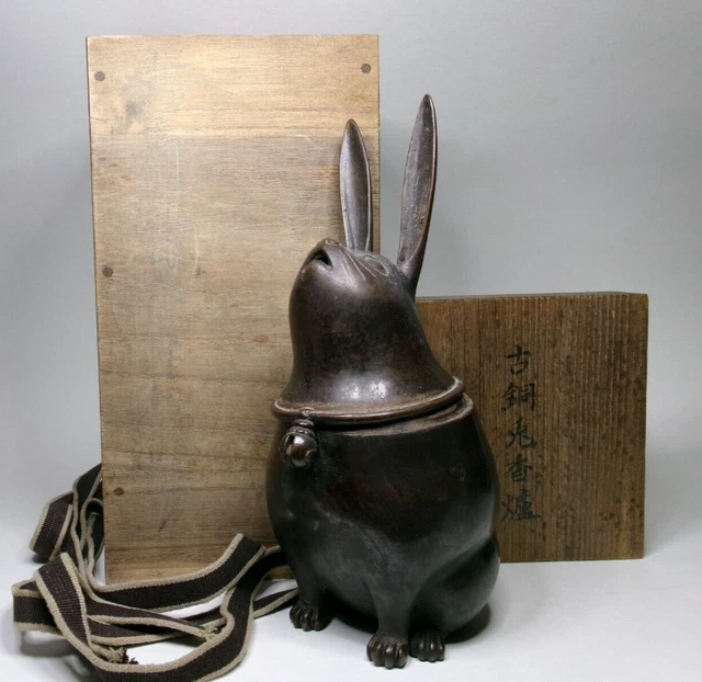Antique Japanese Bronze Rabbit Hare Koro Incense Burner Sculpture Meiji w. Box