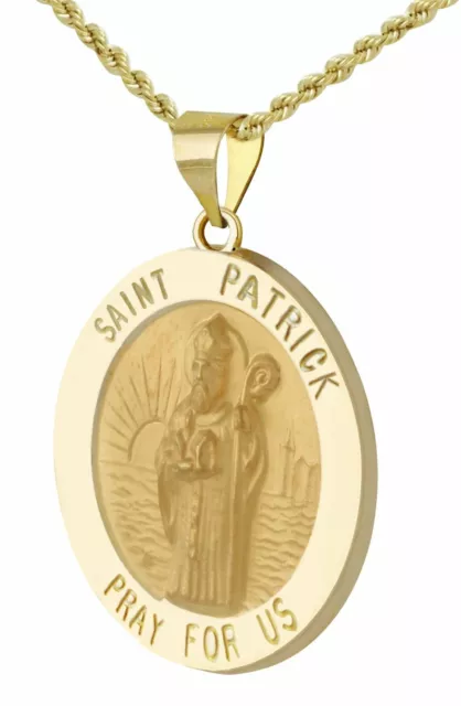 Neuf 2.2cm 14k or Jaune Saint Patrick Rond Tressée Médaille Pendentif Collier