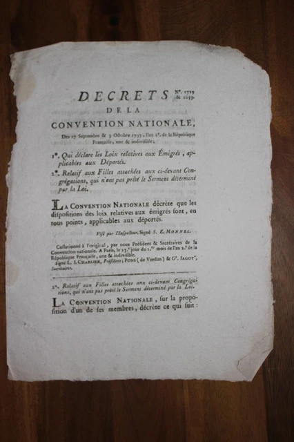✒ Révolution CONVENTION NATIONALE Décret Emigrés déportés & refus de serment