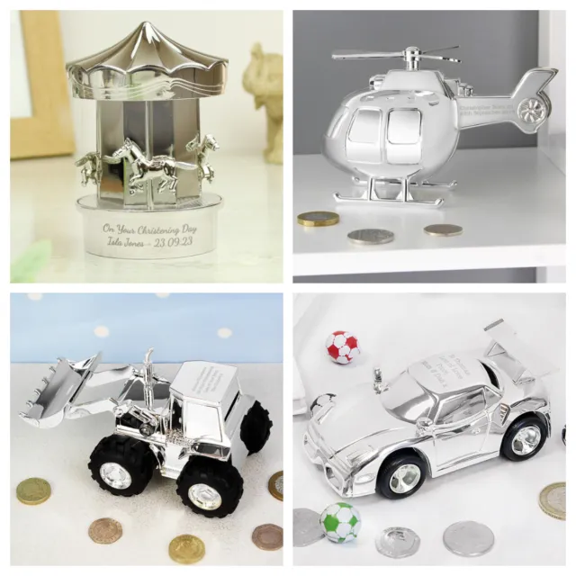 PERSONALISED Silver Plated Money Box Christening Birthday Gift Baby Boy Girl