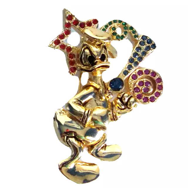 Vintage Retired Disney Napier Angry Donald Duck Pin Brooch Gold Tone Rhinestones