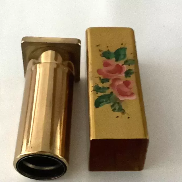 Gorgeous Hand Painted Roses On Brass Lipstick Case NEVER USED Vintage NICE 3