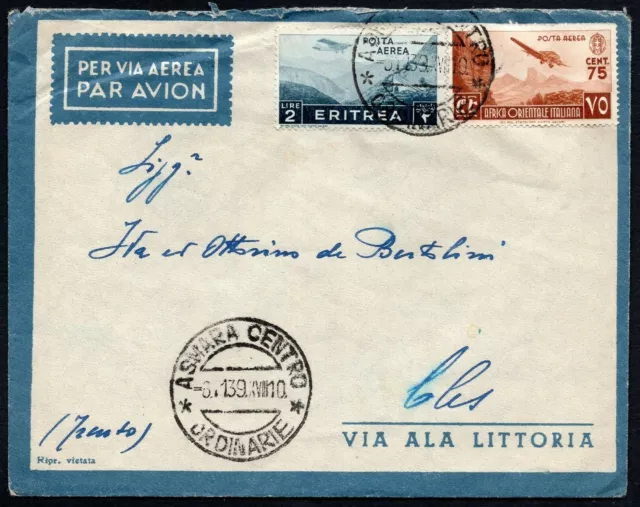 664 - Colonie, AOI, Eritrea - Posta aerea su busta da Asmara, 06/11/1939