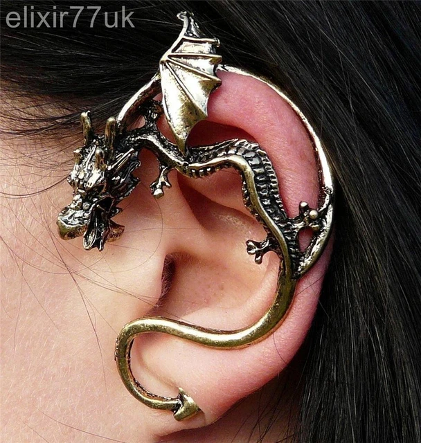 GOLD GOTHIC DRAGON Snake Ear Cuff Clip Wrap Lure Stud Earring Rock Punk