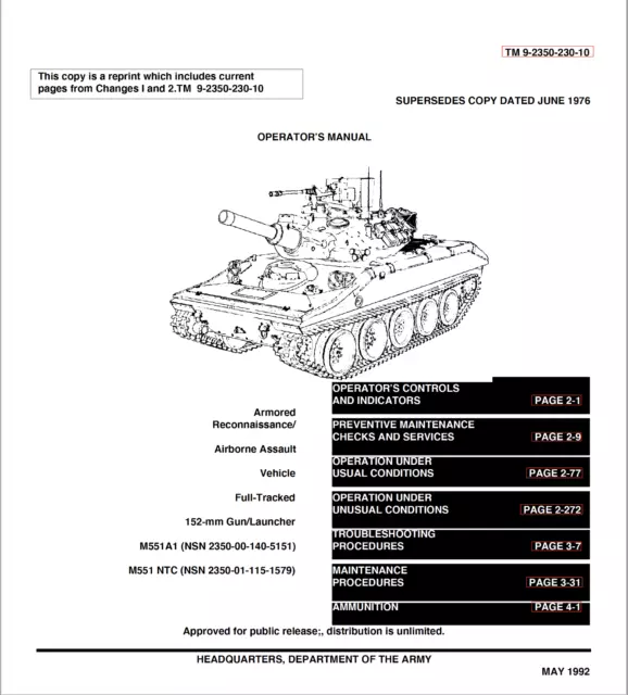 M551A1 SHERIDAN TANK AR/AAV Maintenance Operator Repair Parts 10+ Manuals on CD