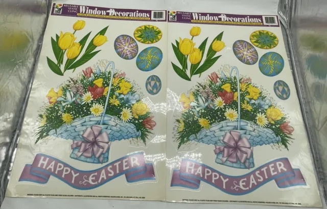Vintage Lot Of 2 Easter Egg, Duck Flower Basket Window  Clings Vinyl Decoration