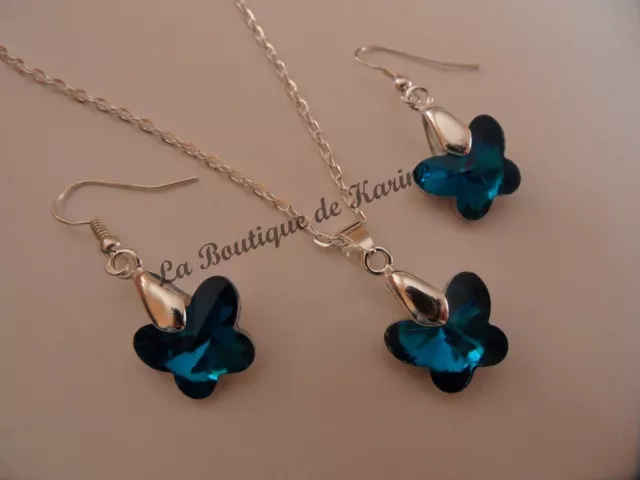 Bijoux -  Belle Parure Collier + Boucles D'oreilles Verre Papillon Bleu