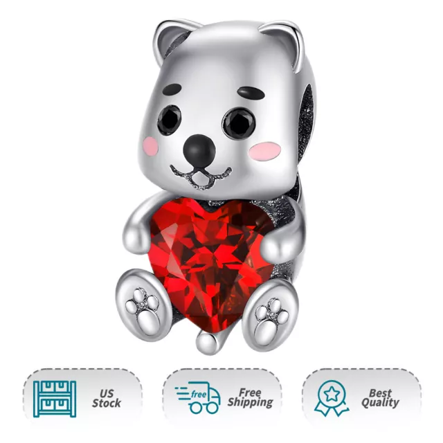 Authentic S925 Baby Bear Red Heart Stone Charm Women Moment Bracelet Charm Gifts