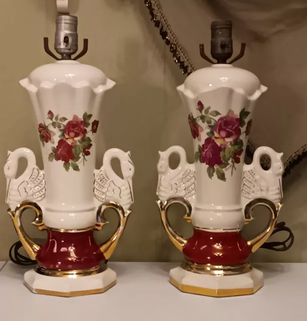 Art Deco Lamps Pair Worrall Victorian Roses Swan Handles Gold Trimmed 17 X 8