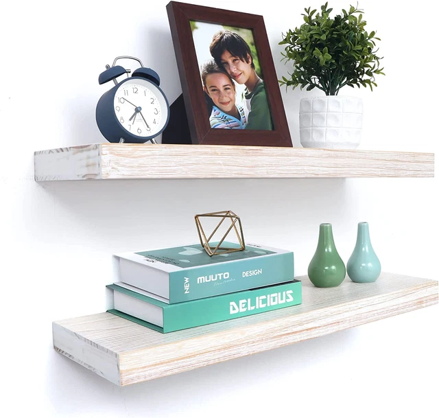 White Floating Shelves, 8 Inch Deep Shelves for Wall Mounted, Thick Wooden White