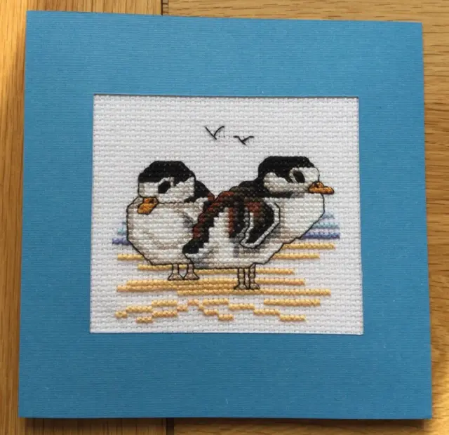 Homemade Completed cross stitch card -  Birds - 14cms x 14cms