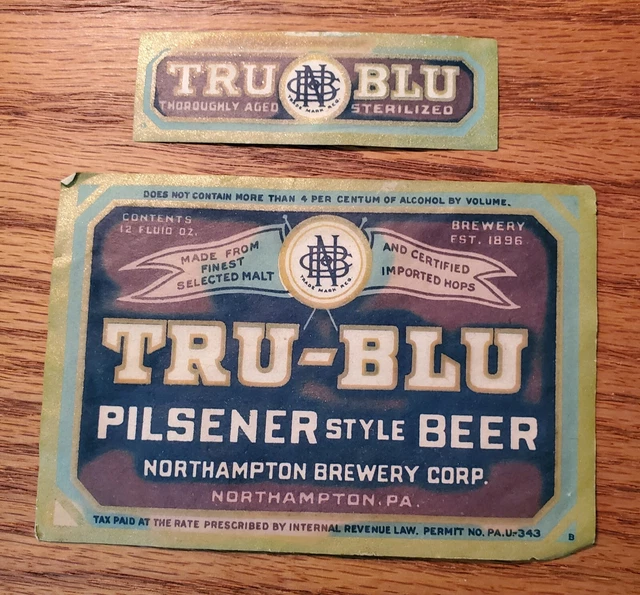 1930s Tru-Blu Pilsener Beer IRTP  Bottle/Neck Labels Northampton Pa