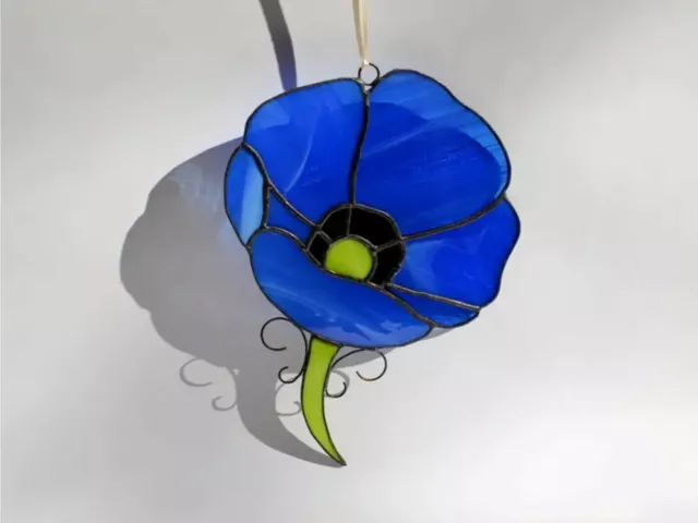 Cobalt Blue Poppy Stained Glass Suncatcher - Flower Sun Catcher Window Panel
