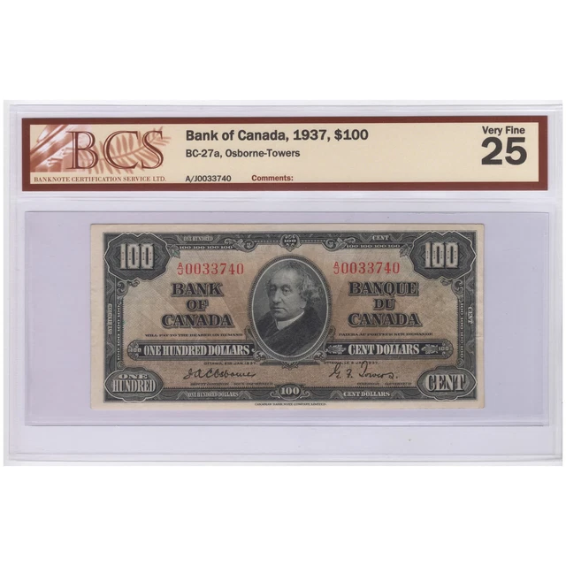 $100 1937 Bank of Canada Note Osborne Signature BC-27a - BCS VF-25