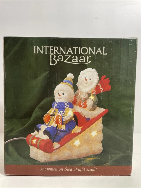 International Bazaar Christmas Sledding Snowman Lighted Original Box Night Light