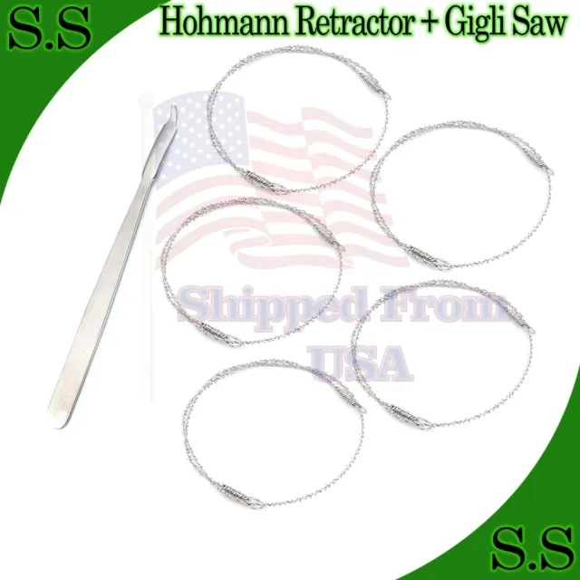 Hohmann Retractor 8mm + 2 Gigli Saw Wire 30" +3 Gigli Saw 20" Surgical Instrume