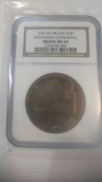 1936 Wisconsin Territorial Centennial Medal Hibler Kappen HK-696 SC$1 NGC MS-64