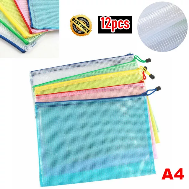 12X A4 Size Plastic Zip File Mesh Bags Storage Document Folder Protective Wallet