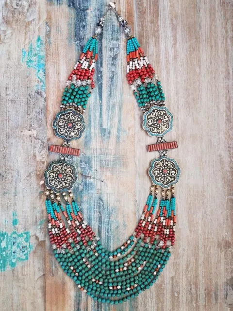 Large Tibetan Elegant Multi Strand Beaded Boho Long Statement Necklace