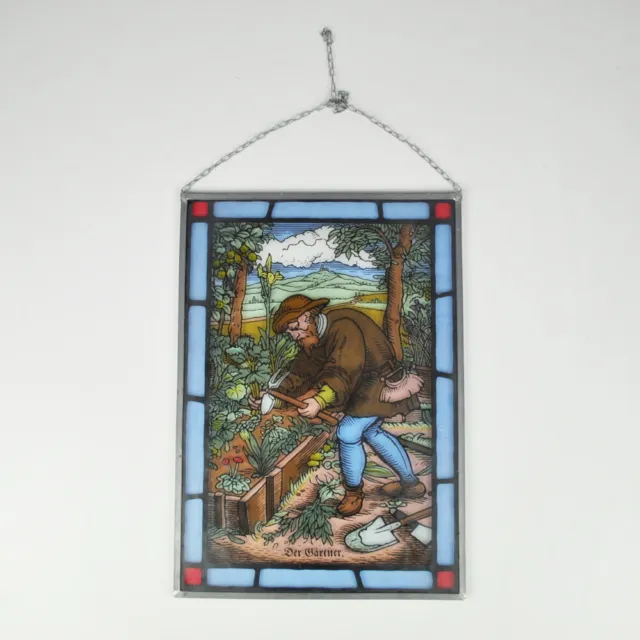 Der Gärtner - Fensterbild - altes Bleibild - Bleirahmen - Bleiverglasung Malerei