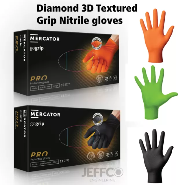 Mercator Nitrile Gloves Orange Black Green Grip Heavy Duty Strong Mechanics