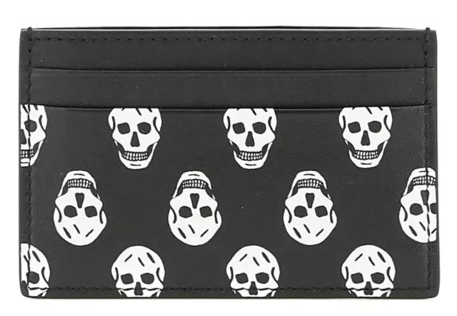 ALEXANDER McQUEEN 'Black w/ White Biker Skulls' Men's Leather Cardholder **NIB**