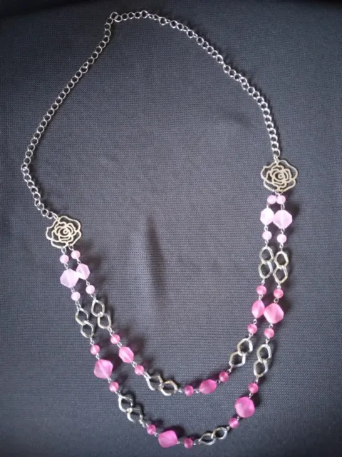 Halskette Collier zweireihig silber rosa pink Rauten Rosen modern Statementkette