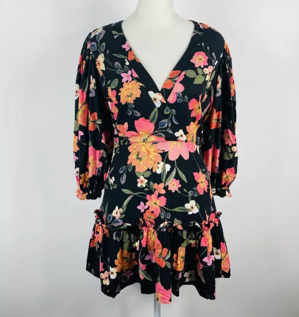 The Impeccable Pig Size Small Floral Print Linen Blend Ruffle Mini Dress Black