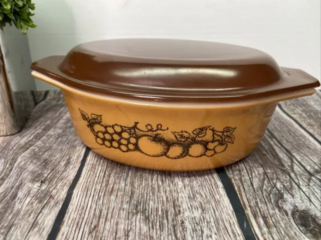 Vintage Pyrex Old Orchard 043 1.5 QT Ovenware Oval Casserole Dish - W/ Brown Lid