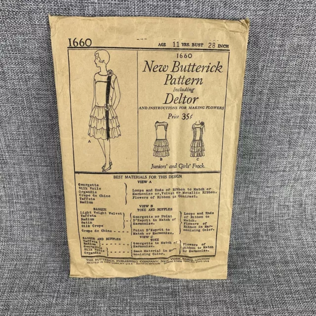 1920s Butterick Girls' Frock Dress Sewing Pattern 1660 Age 11 Yrs. No Deltor