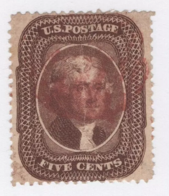 1860 US SC 30A 5c Brown, Type II - Thomas Jefferson - Used VF Crease
