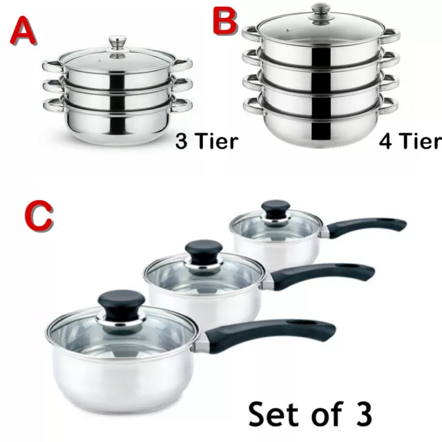 Steel Pan Pot Non Stick Saucepan Cookware Set Glass Lids Kitchen Fry Steamer NEW