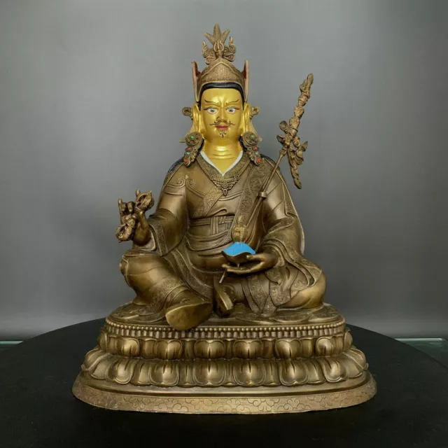 13'' Antique Tibetan Buddhism temple Bronze 24k gilt Guru Rinpoche Buddha Statue