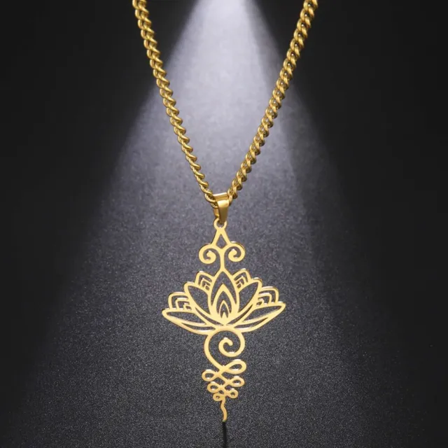 Lotus Flower Pendant Necklace Yoga Healing Charms Amulet Stainless Steel Jewelry