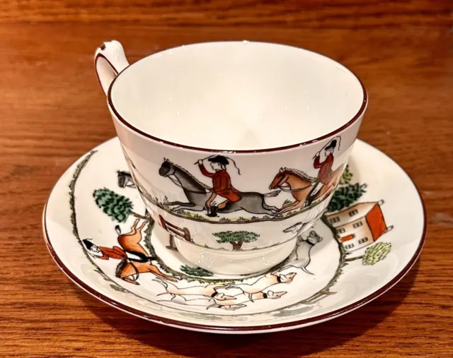 Crown Staffordshire England Fine Bone China Hunting Scene Footed Cup & Saucer