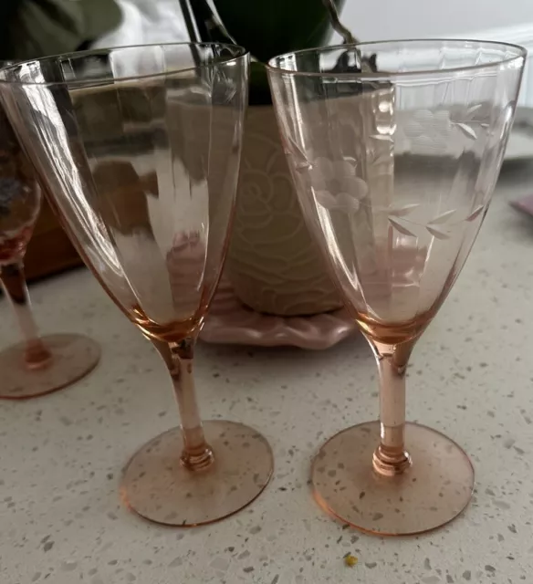 Vintage 2 Pink Crystal Wine Goblets Optic Panel Depression Glass 1 Etched 6 7/8”