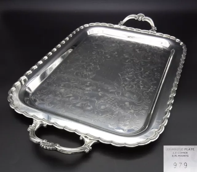 Primrose Twin Handle Gallery Drinks Tray Chased Silver Plate On Copper 25"