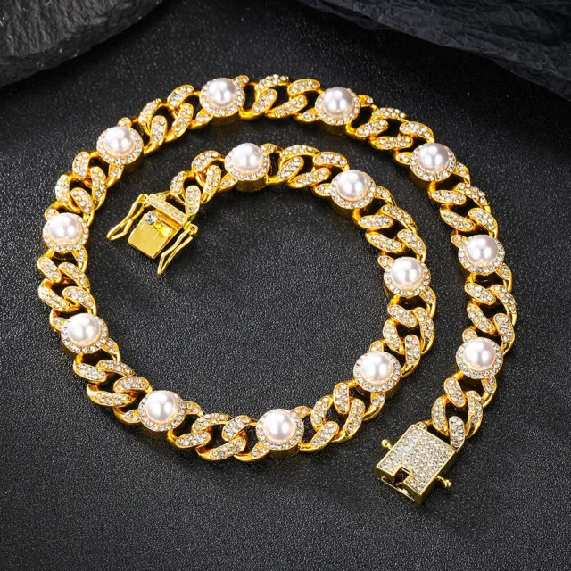 Hip Hop AAA+13MM Rhinestone Pearls Luxury Punk Dazzle Street Dance Bracelet 8"
