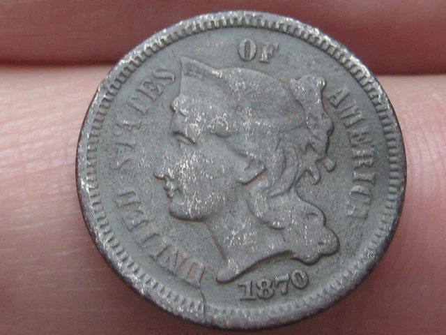 1870 Three 3 Cent Nickel- Dark, Black, Fine Details