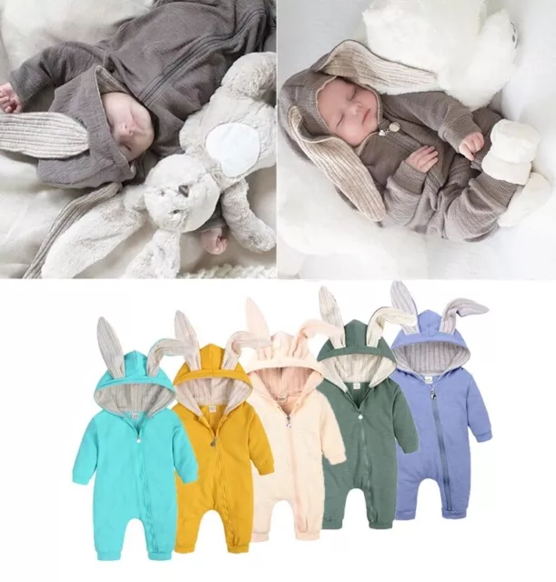 Newborn Baby Boy Girl Rabbit Hooded Romper Jumpsuit Bodysuit Outfit Clothes UK