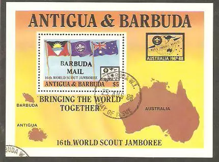 BARBUDA MAIL OP 1988 16th World Jamboree Australia BOY SCOUTS Flags SS Used