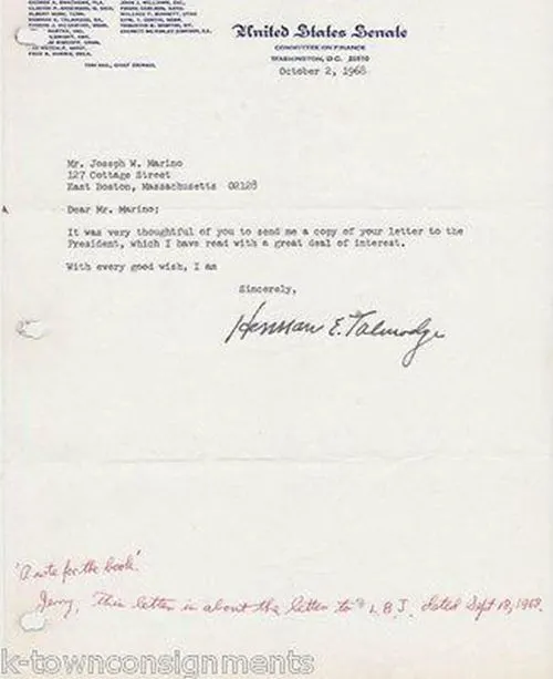 Herman Talmadge Georgia Senator Vintage Autograph Signed Senate Letter 1967